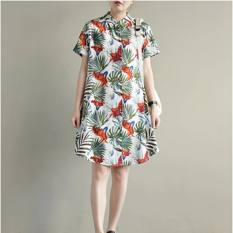 2017 tree and floral print cotton dresses oversize casual sundress turn- down collar shirt dress