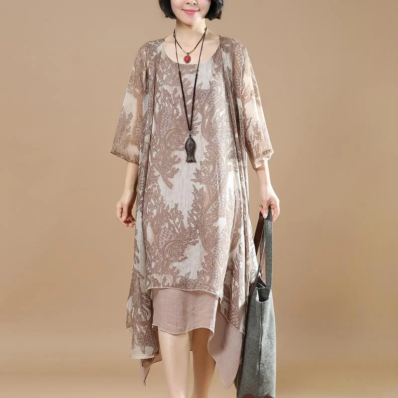 2018 summer new khaki print maxi dresses and half sleeve cardigans traveling two pieces