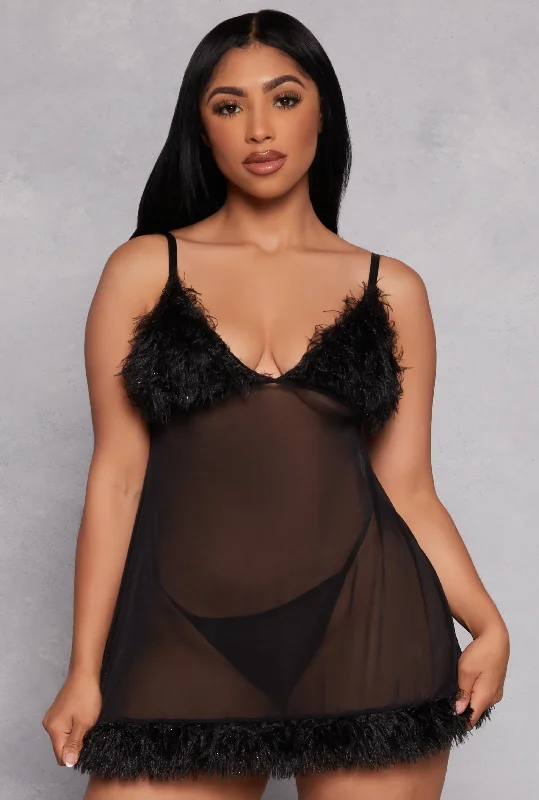 Feather Detail Babydoll with G String