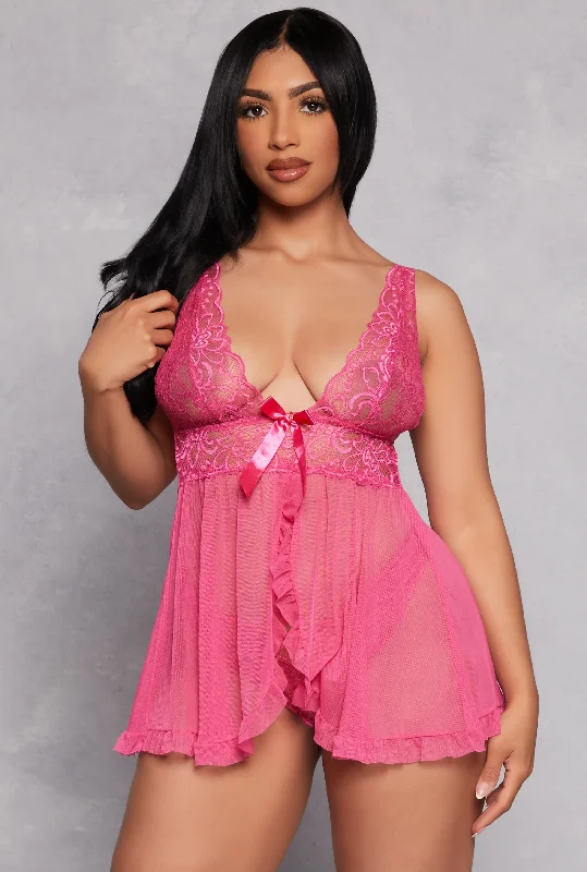 Bow Detail Lace Babydoll and Thong Panty