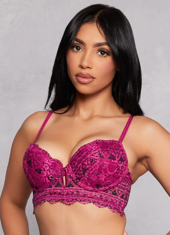 Aztec Print Lace Keyhole Longline Bra