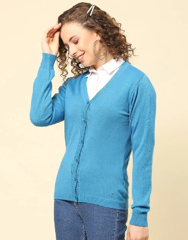 Women Blue Solid V Neck Full Sleeve Cardigan