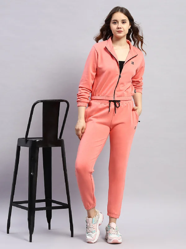 Women Pink Solid Mock Neck Full Sleeve Tracksuit