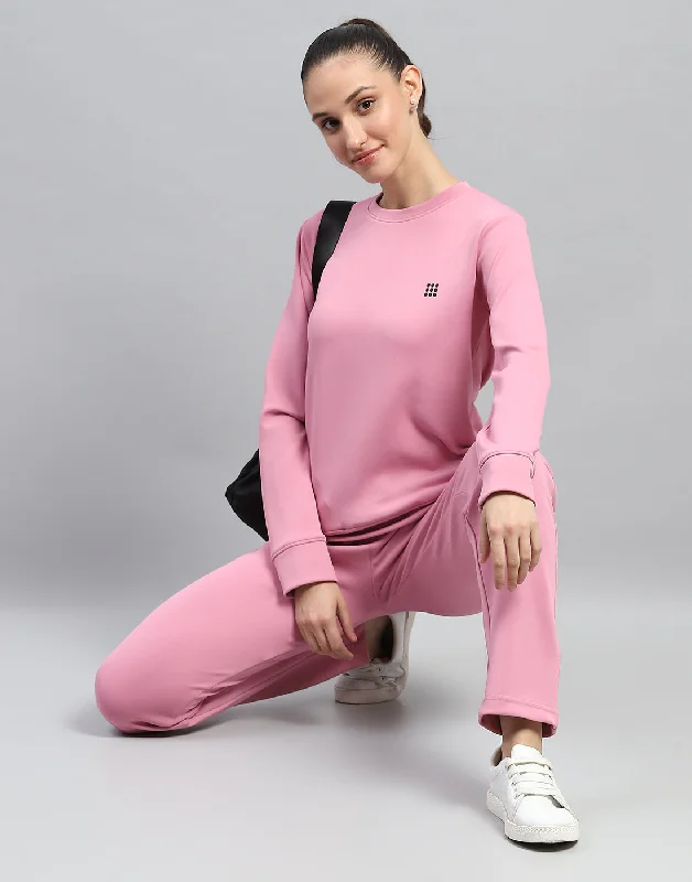 Women Pink Solid Round Neck Full Sleeve Tracksuit